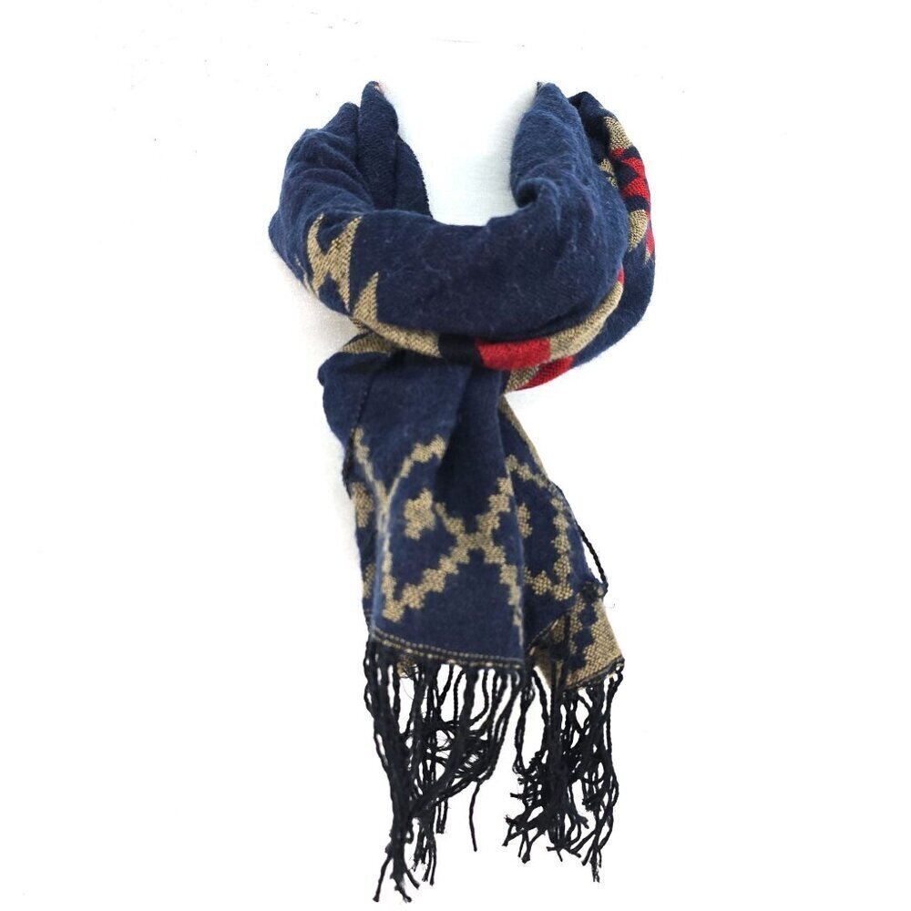Vintage Navajo Aztec Wool Blend Navy Red Scarf Wrap 80 x 13